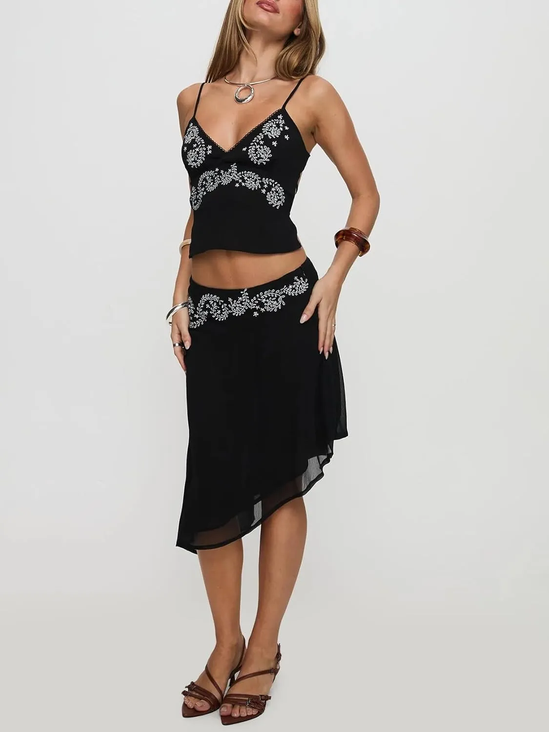 Women Y2k 2 Piece Skirt Sets Satin Backless Tank Top Bodycon Long Maxi Skirt Outfits Summer Going Out Streetwear