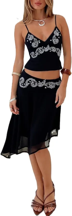 Women Y2k 2 Piece Skirt Sets Satin Backless Tank Top Bodycon Long Maxi Skirt Outfits Summer Going Out Streetwear