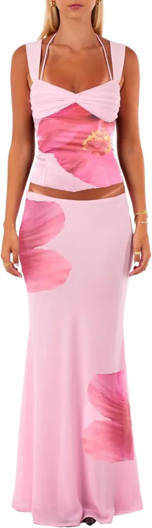 Women Y2k 2 Piece Skirt Sets Satin Backless Tank Top Bodycon Long Maxi Skirt Outfits Summer Going Out Streetwear
