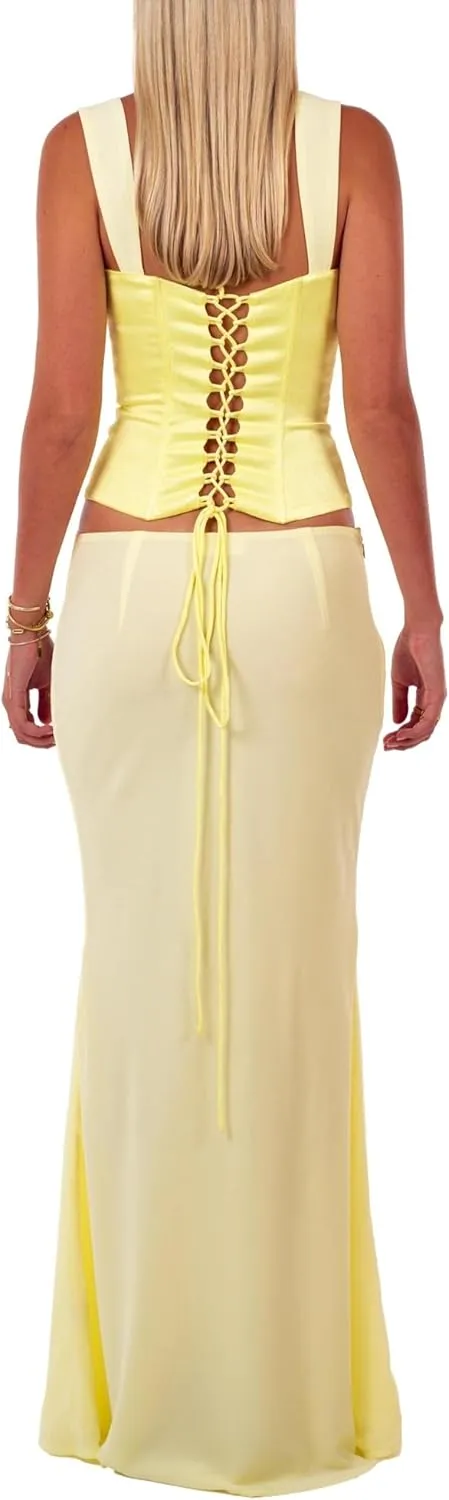 Women Y2k 2 Piece Skirt Sets Satin Backless Tank Top Bodycon Long Maxi Skirt Outfits Summer Going Out Streetwear