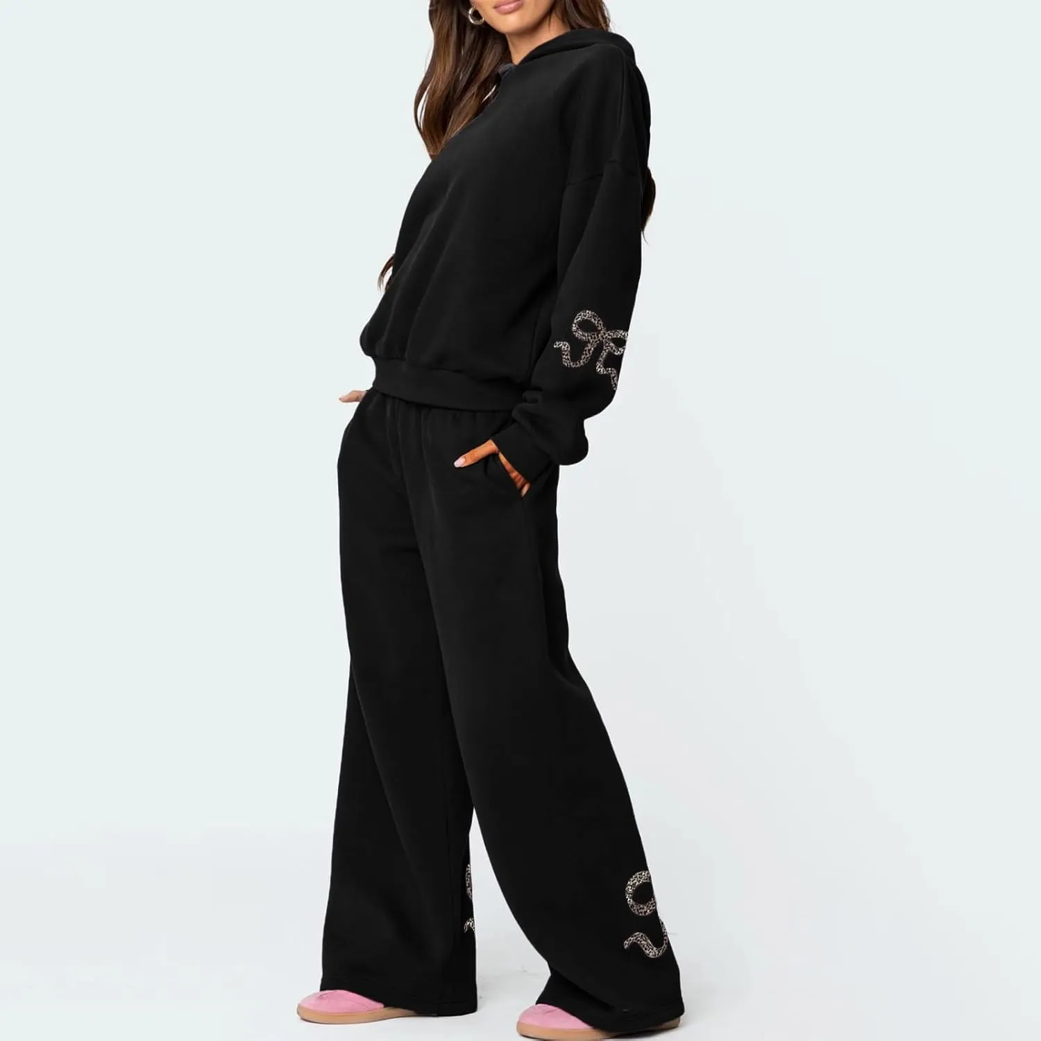 Women Y2k Bow Tracksuit 2Pcs Casual Sweatsuit Teen Girls Long Sleeve Graphic Pullover Oversized Hoodied Top Pants