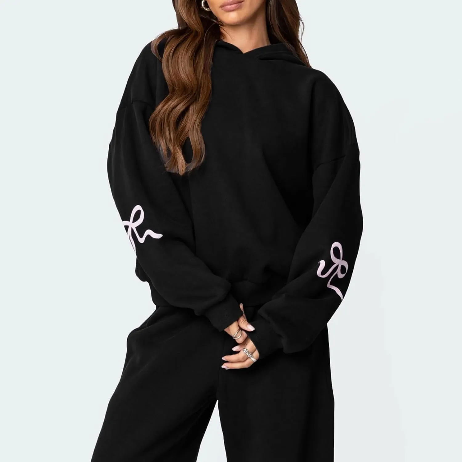 Women Y2k Bow Tracksuit 2Pcs Casual Sweatsuit Teen Girls Long Sleeve Graphic Pullover Oversized Hoodied Top Pants