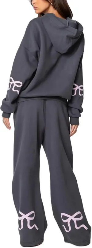 Women Y2k Bow Tracksuit 2Pcs Casual Sweatsuit Teen Girls Long Sleeve Graphic Pullover Oversized Hoodied Top Pants