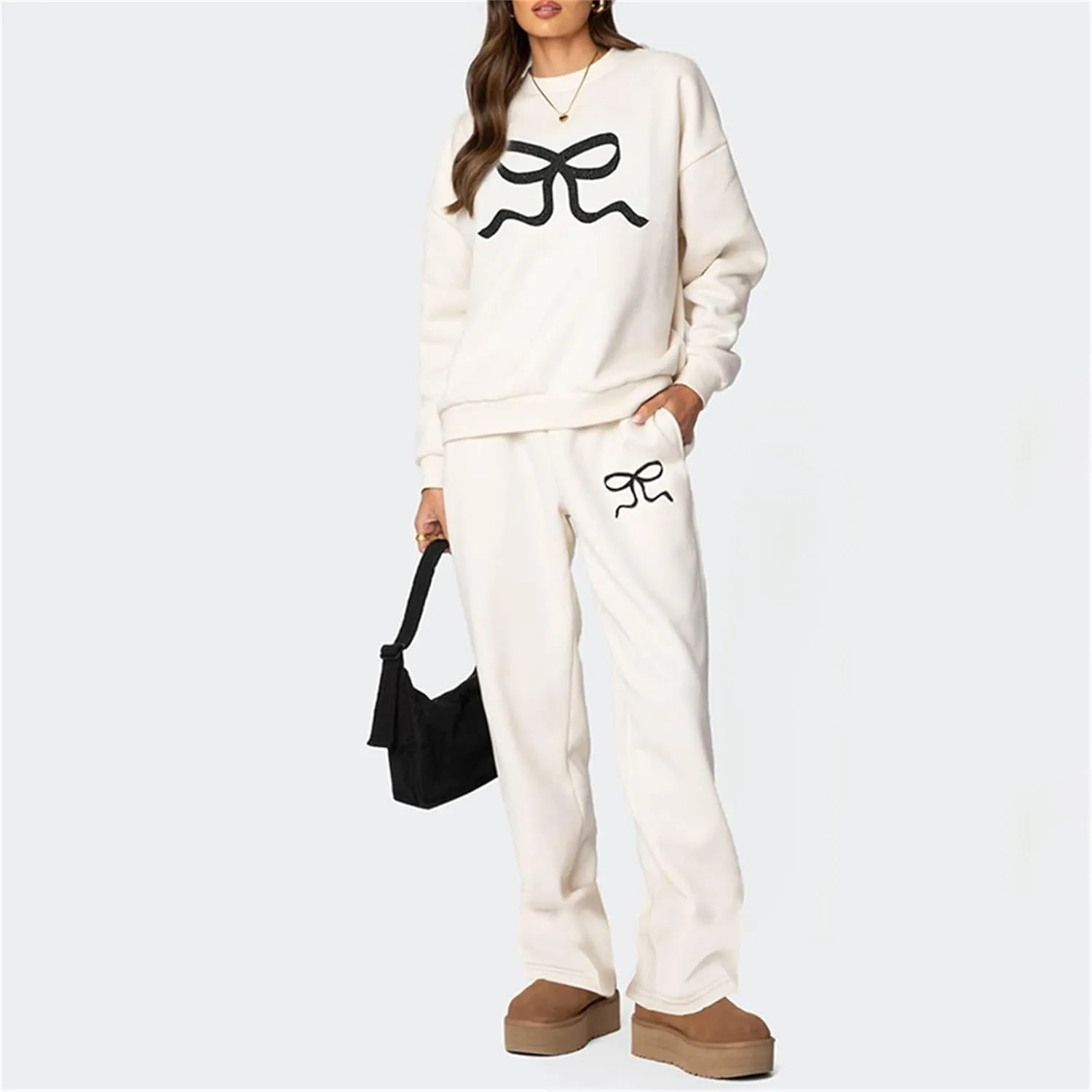 Women Y2k Bow Tracksuit 2Pcs Casual Sweatsuit Teen Girls Long Sleeve Graphic Pullover Oversized Hoodied Top Pants