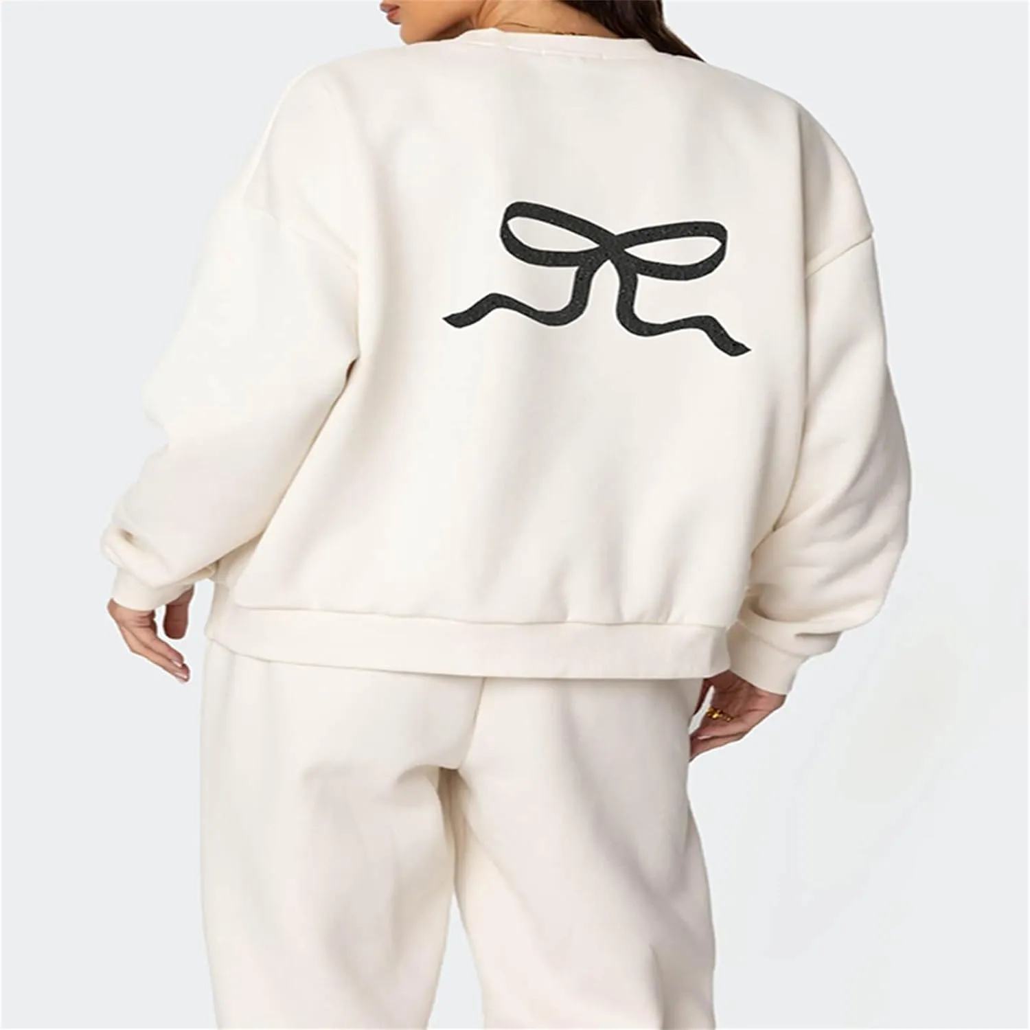 Women Y2k Bow Tracksuit 2Pcs Casual Sweatsuit Teen Girls Long Sleeve Graphic Pullover Oversized Hoodied Top Pants