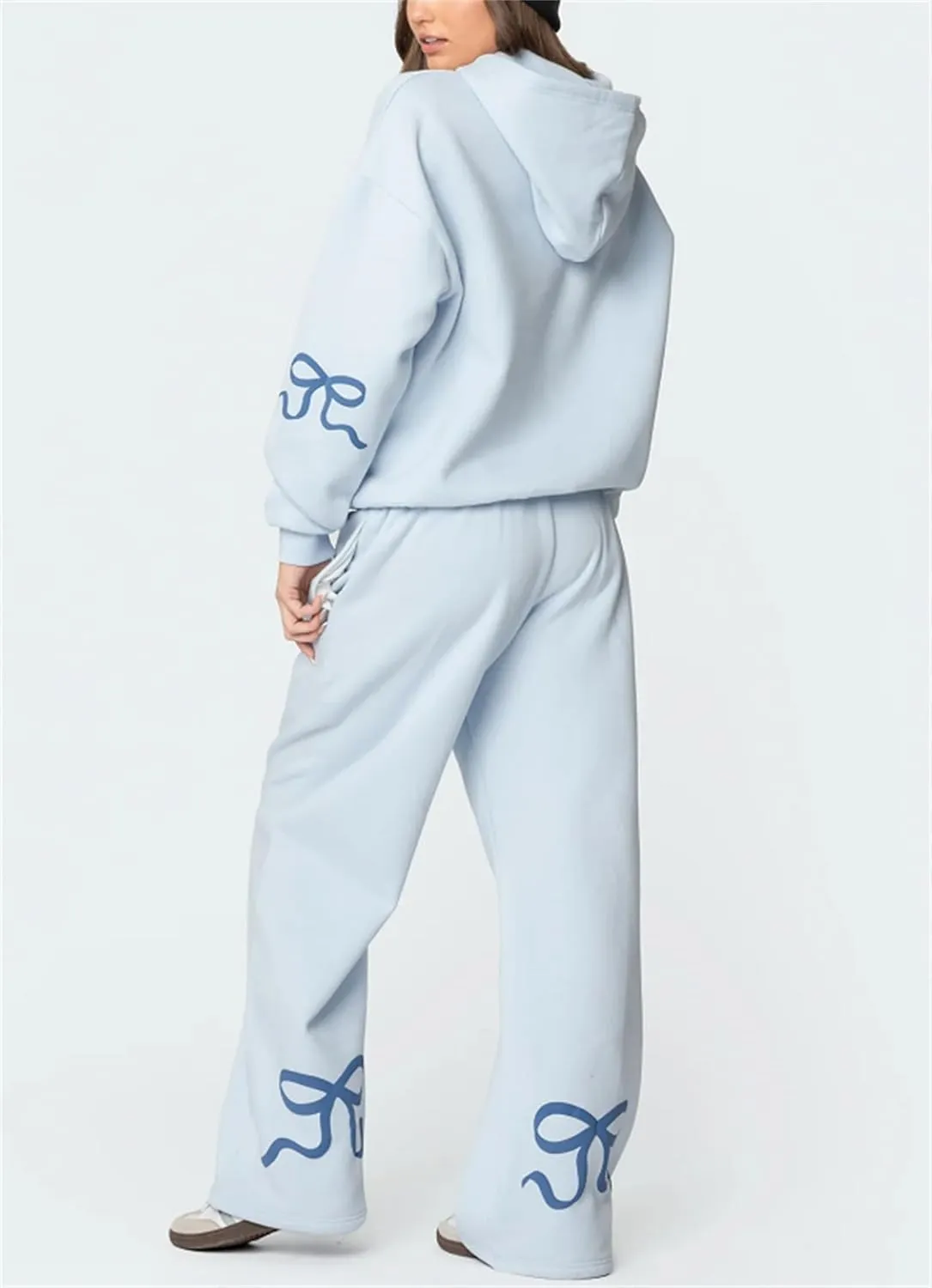 Women Y2k Bow Tracksuit 2Pcs Casual Sweatsuit Teen Girls Long Sleeve Graphic Pullover Oversized Hoodied Top Pants