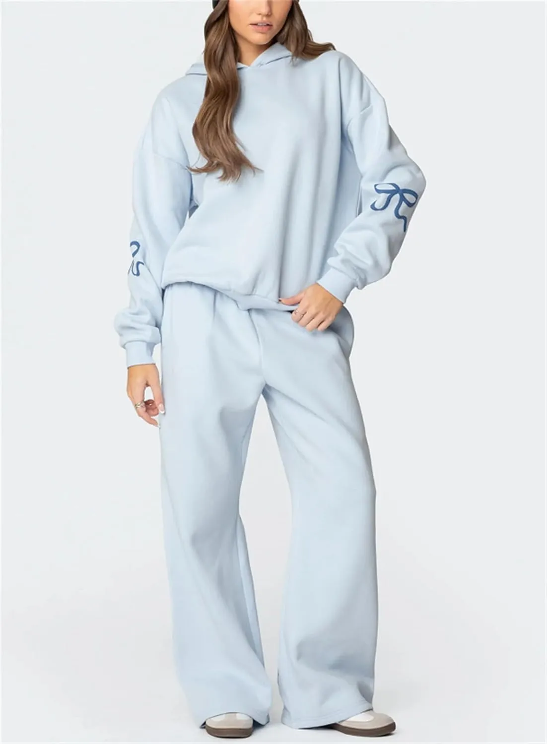 Women Y2k Bow Tracksuit 2Pcs Casual Sweatsuit Teen Girls Long Sleeve Graphic Pullover Oversized Hoodied Top Pants
