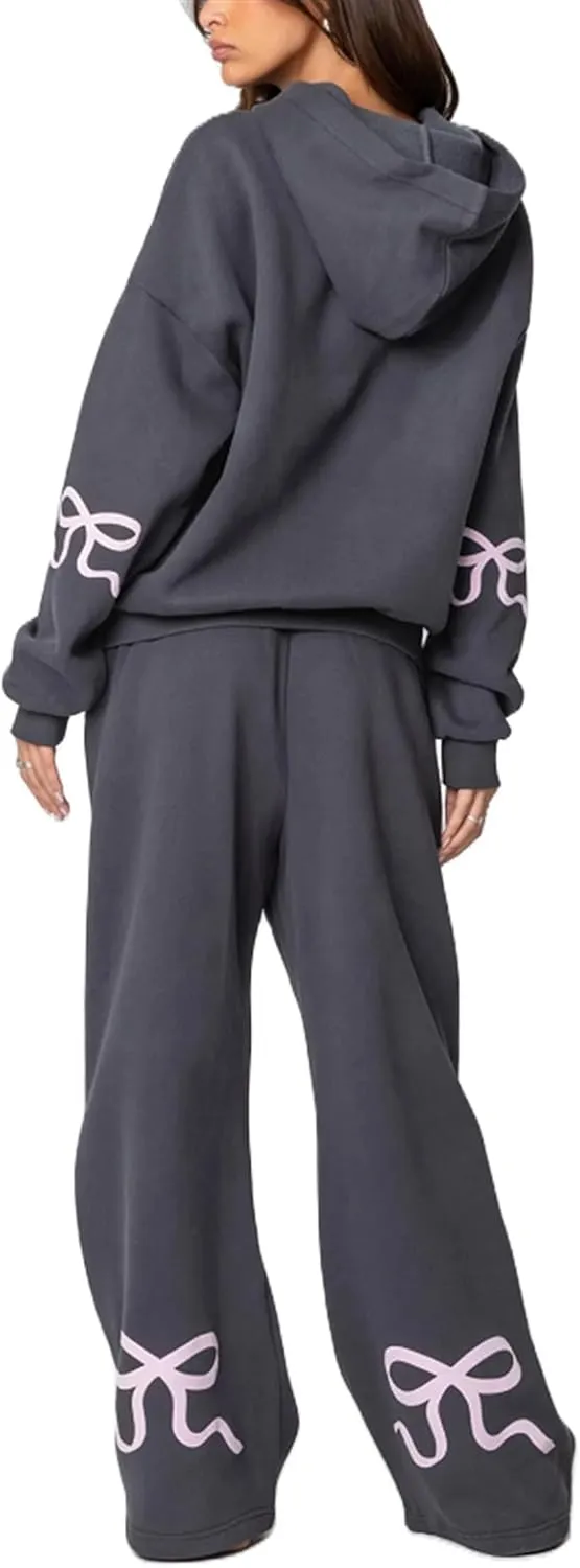 Women Y2k Bow Tracksuit 2Pcs Casual Sweatsuit Teen Girls Long Sleeve Graphic Pullover Oversized Hoodied Top Pants