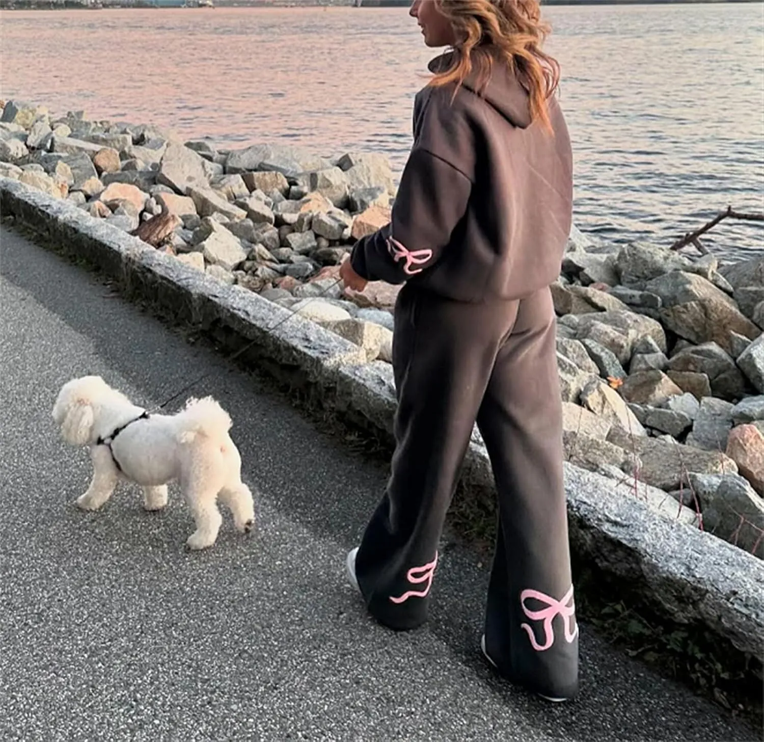 Women Y2k Bow Tracksuit 2Pcs Casual Sweatsuit Teen Girls Long Sleeve Graphic Pullover Oversized Hoodied Top Pants