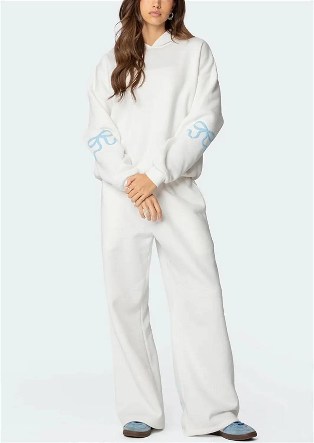 Women Y2k Bow Tracksuit 2Pcs Casual Sweatsuit Teen Girls Long Sleeve Graphic Pullover Oversized Hoodied Top Pants