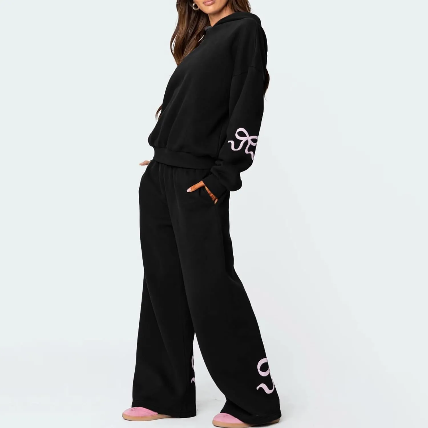 Women Y2k Bow Tracksuit 2Pcs Casual Sweatsuit Teen Girls Long Sleeve Graphic Pullover Oversized Hoodied Top Pants