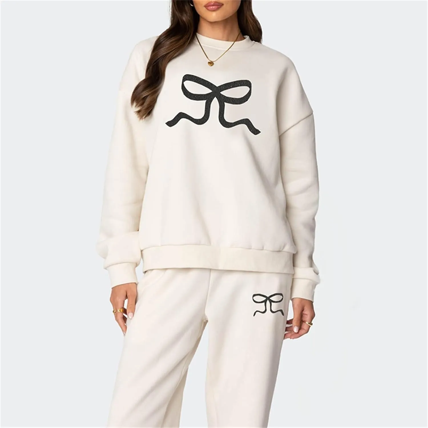 Women Y2k Bow Tracksuit 2Pcs Casual Sweatsuit Teen Girls Long Sleeve Graphic Pullover Oversized Hoodied Top Pants