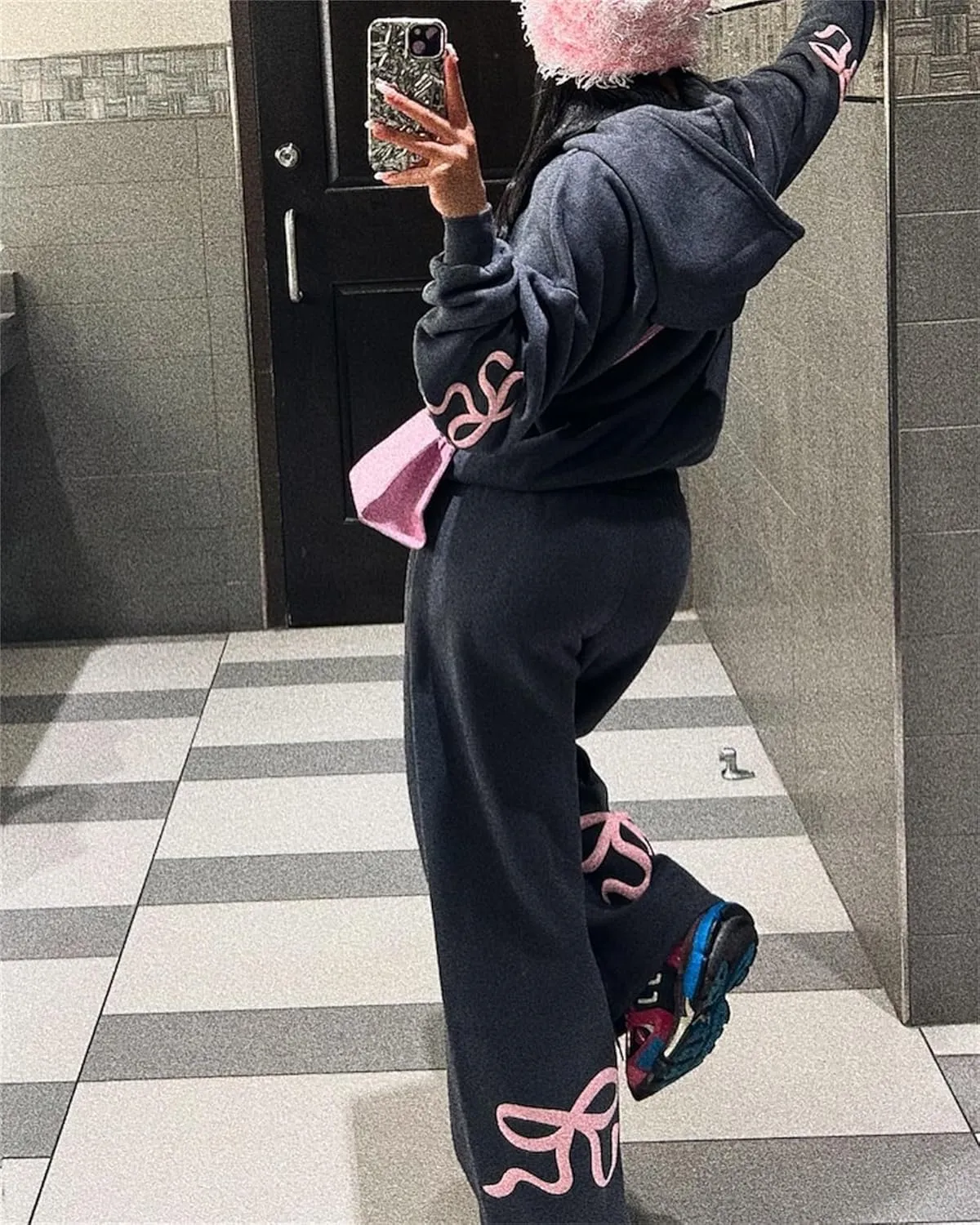 Women Y2k Bow Tracksuit 2Pcs Casual Sweatsuit Teen Girls Long Sleeve Graphic Pullover Oversized Hoodied Top Pants