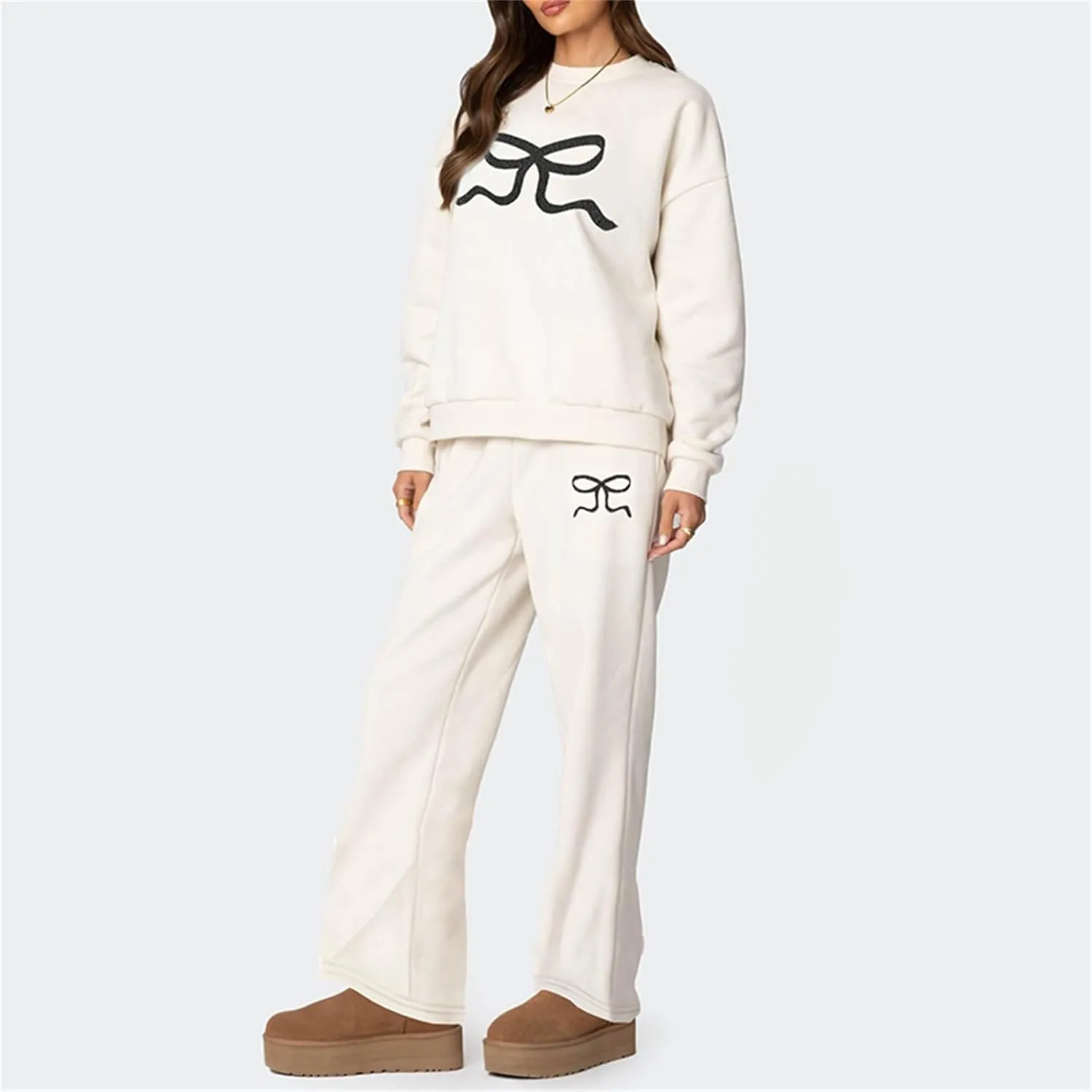 Women Y2k Bow Tracksuit 2Pcs Casual Sweatsuit Teen Girls Long Sleeve Graphic Pullover Oversized Hoodied Top Pants