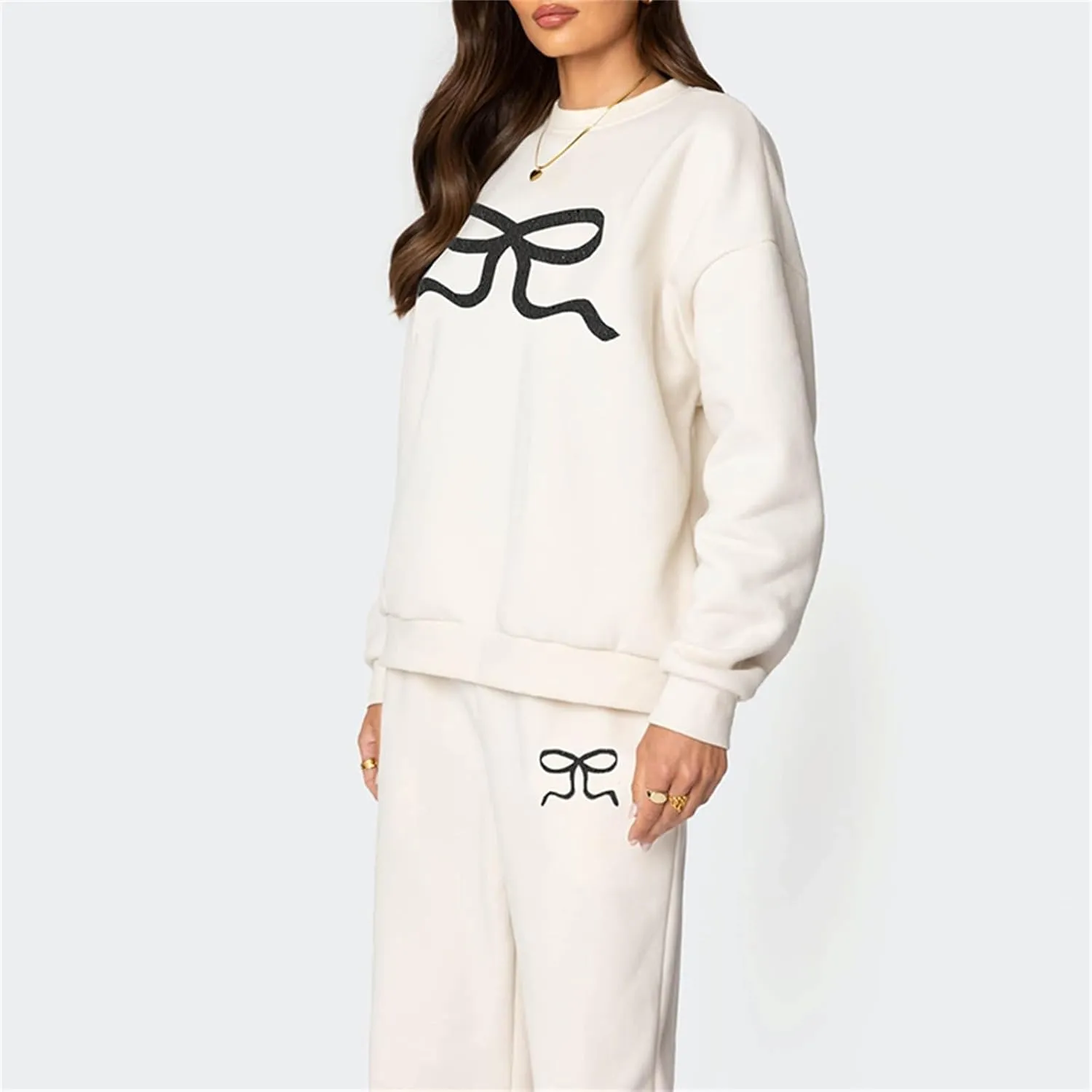 Women Y2k Bow Tracksuit 2Pcs Casual Sweatsuit Teen Girls Long Sleeve Graphic Pullover Oversized Hoodied Top Pants