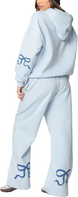 Women Y2k Bow Tracksuit 2Pcs Casual Sweatsuit Teen Girls Long Sleeve Graphic Pullover Oversized Hoodied Top Pants