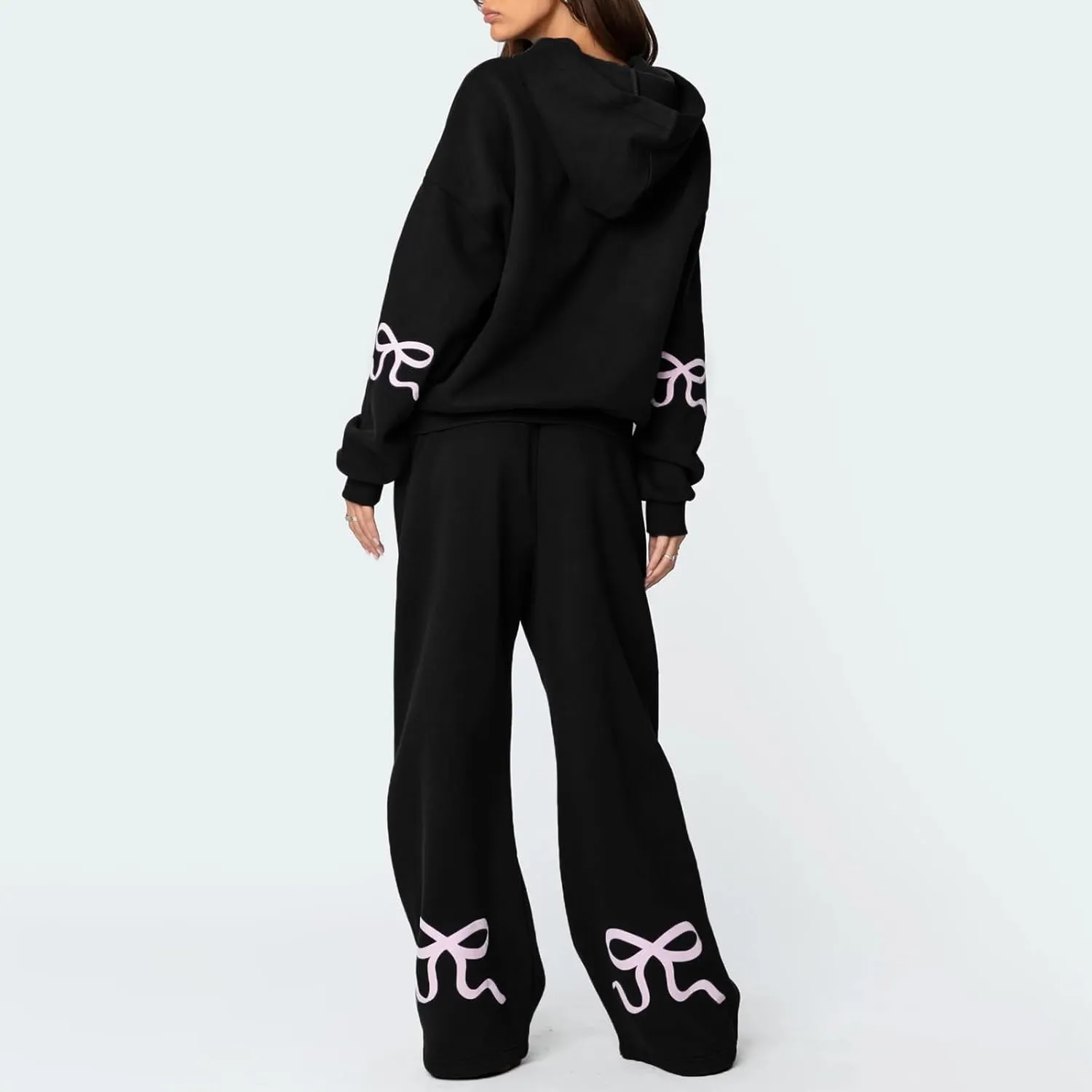 Women Y2k Bow Tracksuit 2Pcs Casual Sweatsuit Teen Girls Long Sleeve Graphic Pullover Oversized Hoodied Top Pants