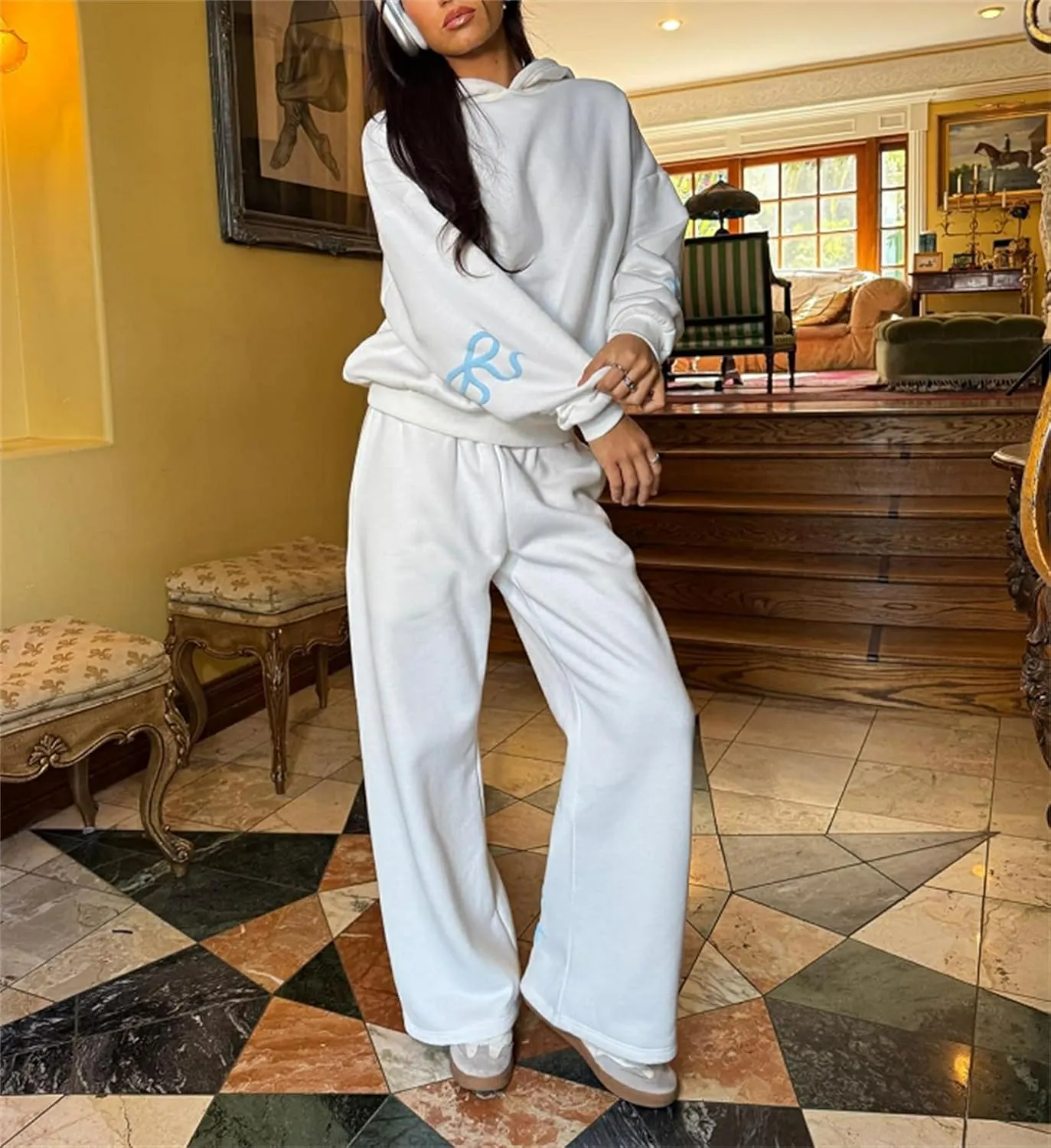 Women Y2k Bow Tracksuit 2Pcs Casual Sweatsuit Teen Girls Long Sleeve Graphic Pullover Oversized Hoodied Top Pants