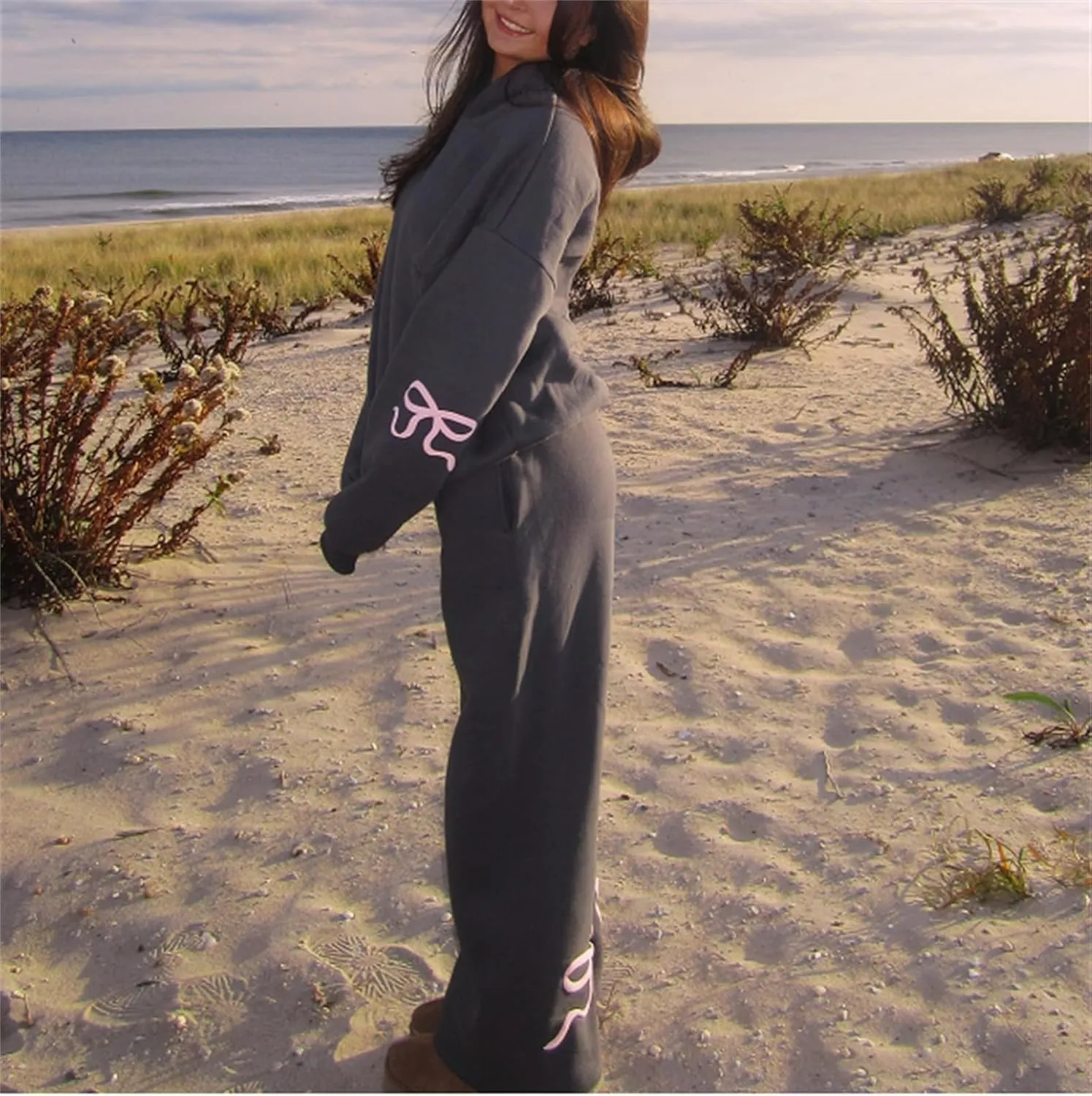 Women Y2k Bow Tracksuit 2Pcs Casual Sweatsuit Teen Girls Long Sleeve Graphic Pullover Oversized Hoodied Top Pants