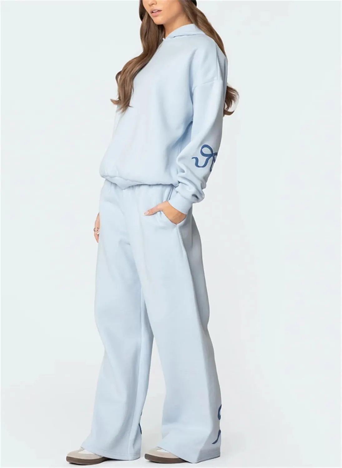 Women Y2k Bow Tracksuit 2Pcs Casual Sweatsuit Teen Girls Long Sleeve Graphic Pullover Oversized Hoodied Top Pants