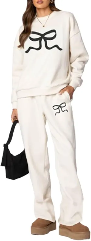 Women Y2k Bow Tracksuit 2Pcs Casual Sweatsuit Teen Girls Long Sleeve Graphic Pullover Oversized Hoodied Top Pants