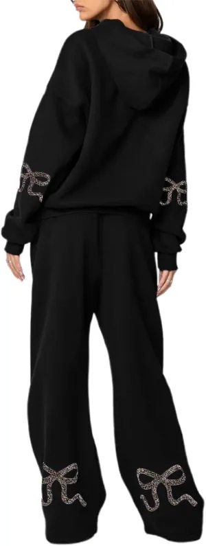 Women Y2k Bow Tracksuit 2Pcs Casual Sweatsuit Teen Girls Long Sleeve Graphic Pullover Oversized Hoodied Top Pants