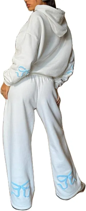 Women Y2k Bow Tracksuit 2Pcs Casual Sweatsuit Teen Girls Long Sleeve Graphic Pullover Oversized Hoodied Top Pants