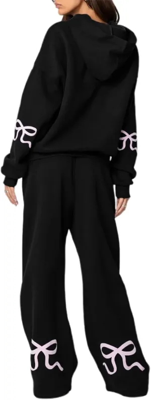 Women Y2k Bow Tracksuit 2Pcs Casual Sweatsuit Teen Girls Long Sleeve Graphic Pullover Oversized Hoodied Top Pants