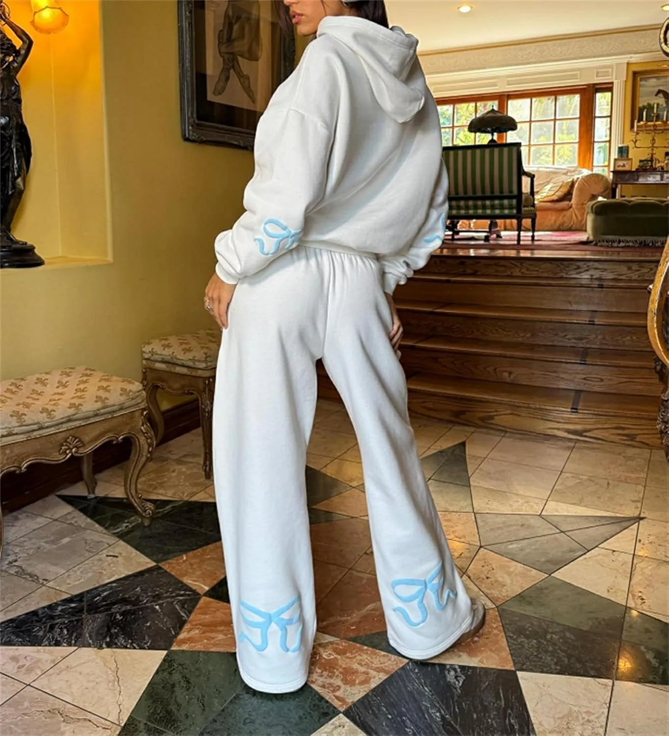Women Y2k Bow Tracksuit 2Pcs Casual Sweatsuit Teen Girls Long Sleeve Graphic Pullover Oversized Hoodied Top Pants