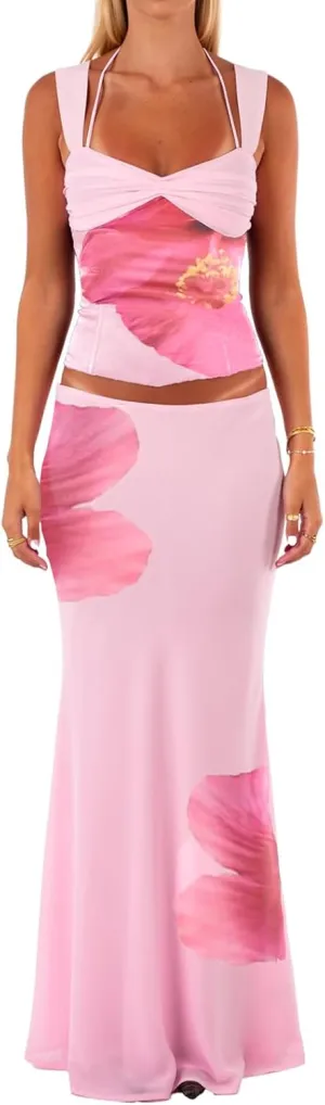 Women Y2k Maxi Skirt Set Floral Print Sleeveless Crop Tank Top Low Waist Skirt Bodycon Skirt 2 Piece Skirts Outfits