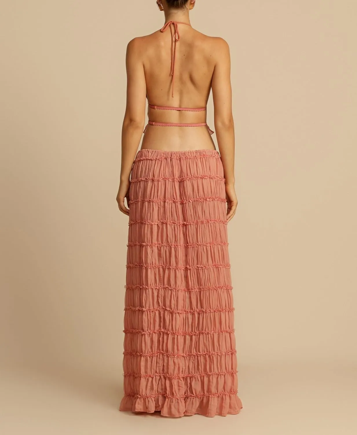 Women Y2K Maxi Skirt Set Sleeveless Halter Ruched Cami Top Flowy Long Skirt Mesh 2 Piece Outfts Beachwear