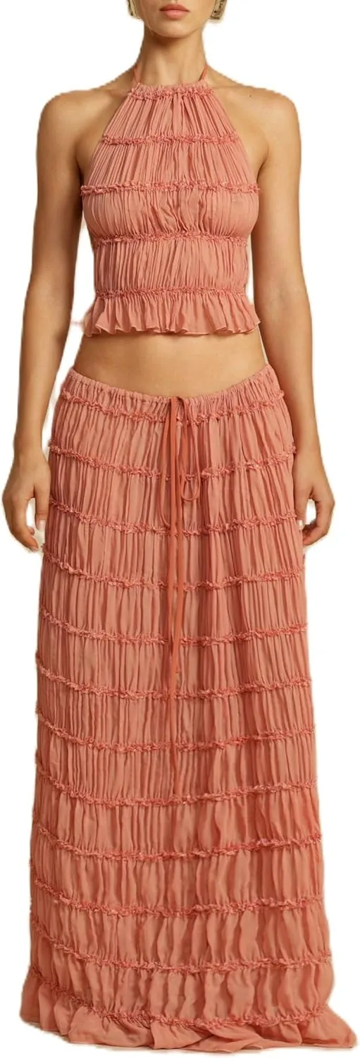 Women Y2K Maxi Skirt Set Sleeveless Halter Ruched Cami Top Flowy Long Skirt Mesh 2 Piece Outfts Beachwear