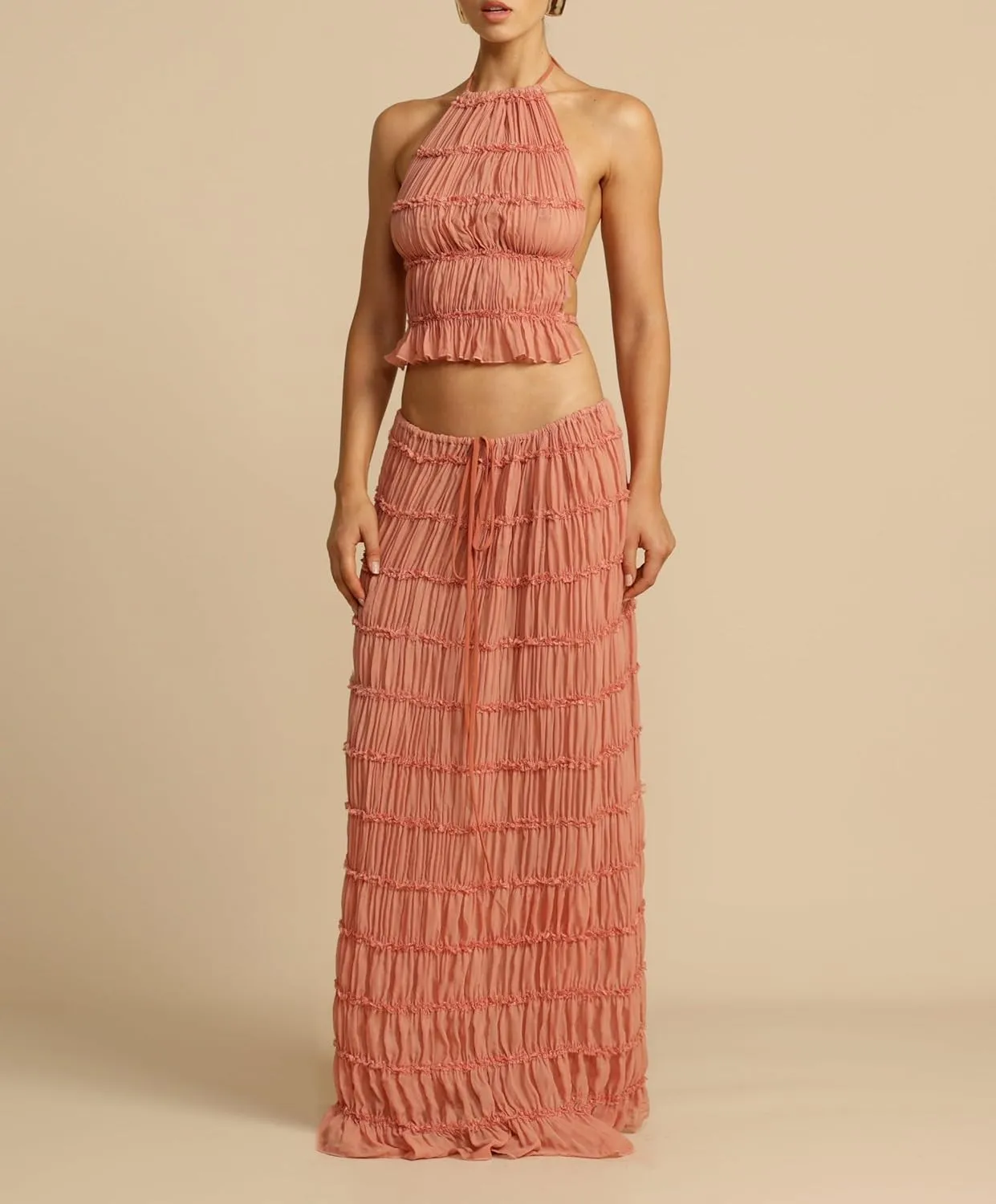 Women Y2K Maxi Skirt Set Sleeveless Halter Ruched Cami Top Flowy Long Skirt Mesh 2 Piece Outfts Beachwear
