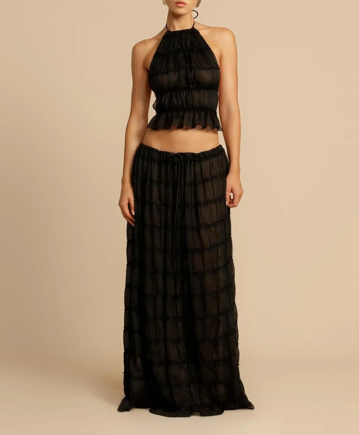 Women Y2K Maxi Skirt Set Sleeveless Halter Ruched Cami Top Flowy Long Skirt Mesh 2 Piece Outfts Beachwear