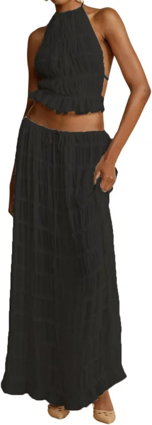 Women Y2K Maxi Skirt Set Sleeveless Halter Ruched Cami Top Flowy Long Skirt Mesh 2 Piece Outfts Beachwear