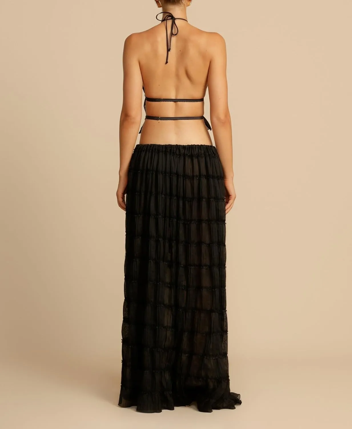 Women Y2K Maxi Skirt Set Sleeveless Halter Ruched Cami Top Flowy Long Skirt Mesh 2 Piece Outfts Beachwear