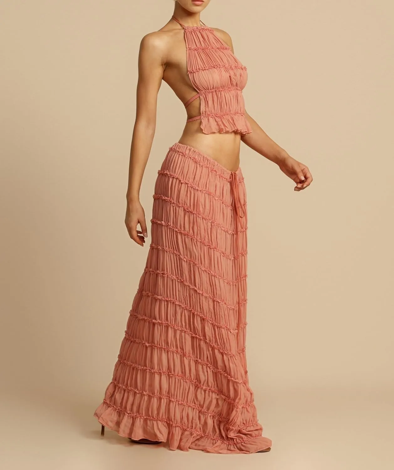 Women Y2K Maxi Skirt Set Sleeveless Halter Ruched Cami Top Flowy Long Skirt Mesh 2 Piece Outfts Beachwear