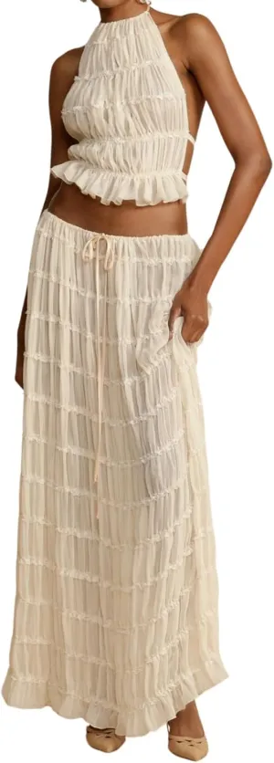 Women Y2K Maxi Skirt Set Sleeveless Halter Ruched Cami Top Flowy Long Skirt Mesh 2 Piece Outfts Beachwear