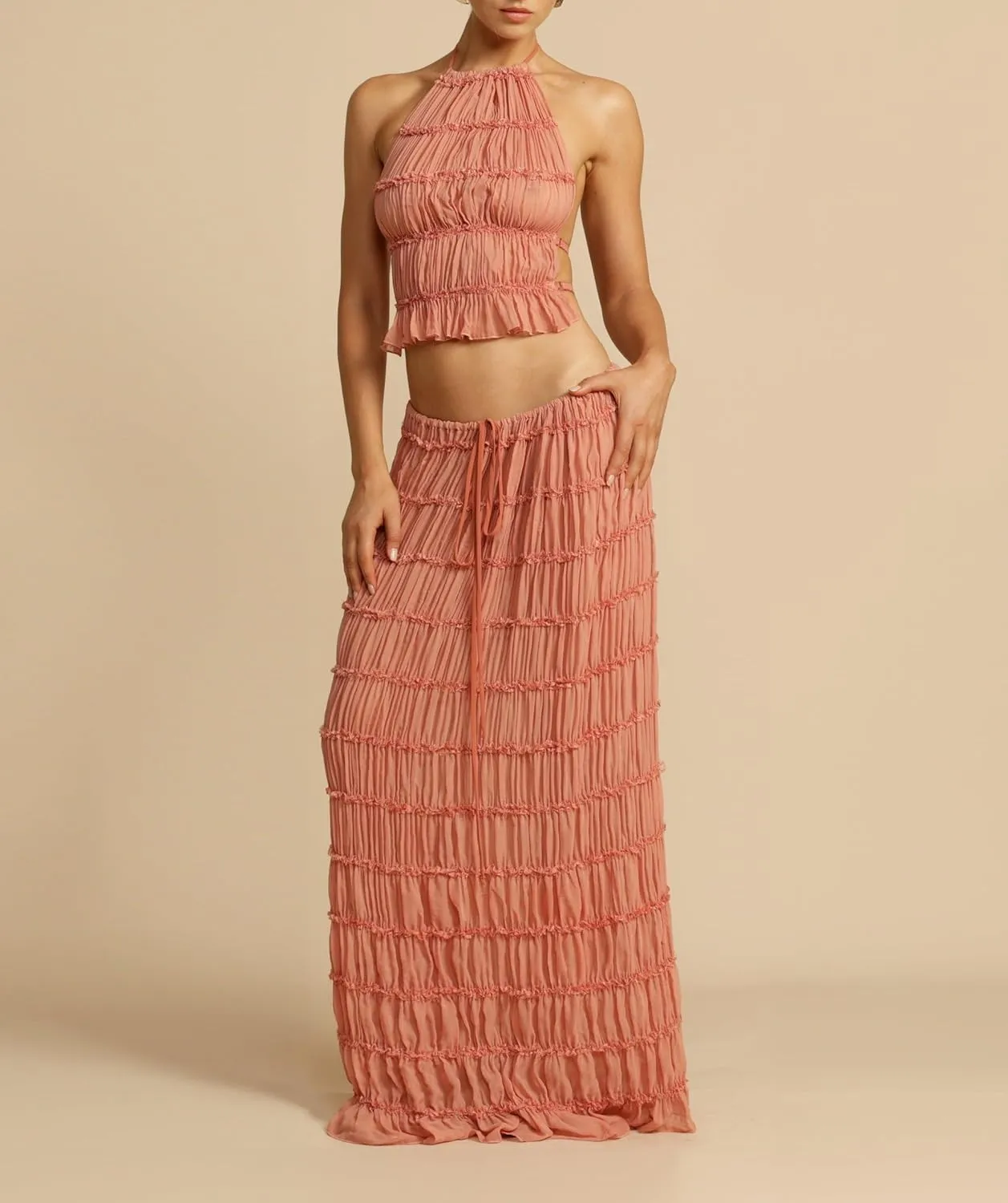 Women Y2K Maxi Skirt Set Sleeveless Halter Ruched Cami Top Flowy Long Skirt Mesh 2 Piece Outfts Beachwear