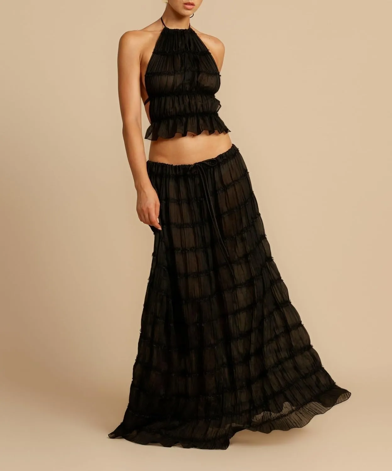 Women Y2K Maxi Skirt Set Sleeveless Halter Ruched Cami Top Flowy Long Skirt Mesh 2 Piece Outfts Beachwear