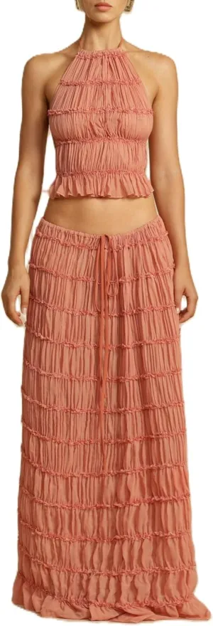 Women Y2K Maxi Skirt Set Sleeveless Halter Ruched Cami Top Flowy Long Skirt Mesh 2 Piece Outfts Beachwear