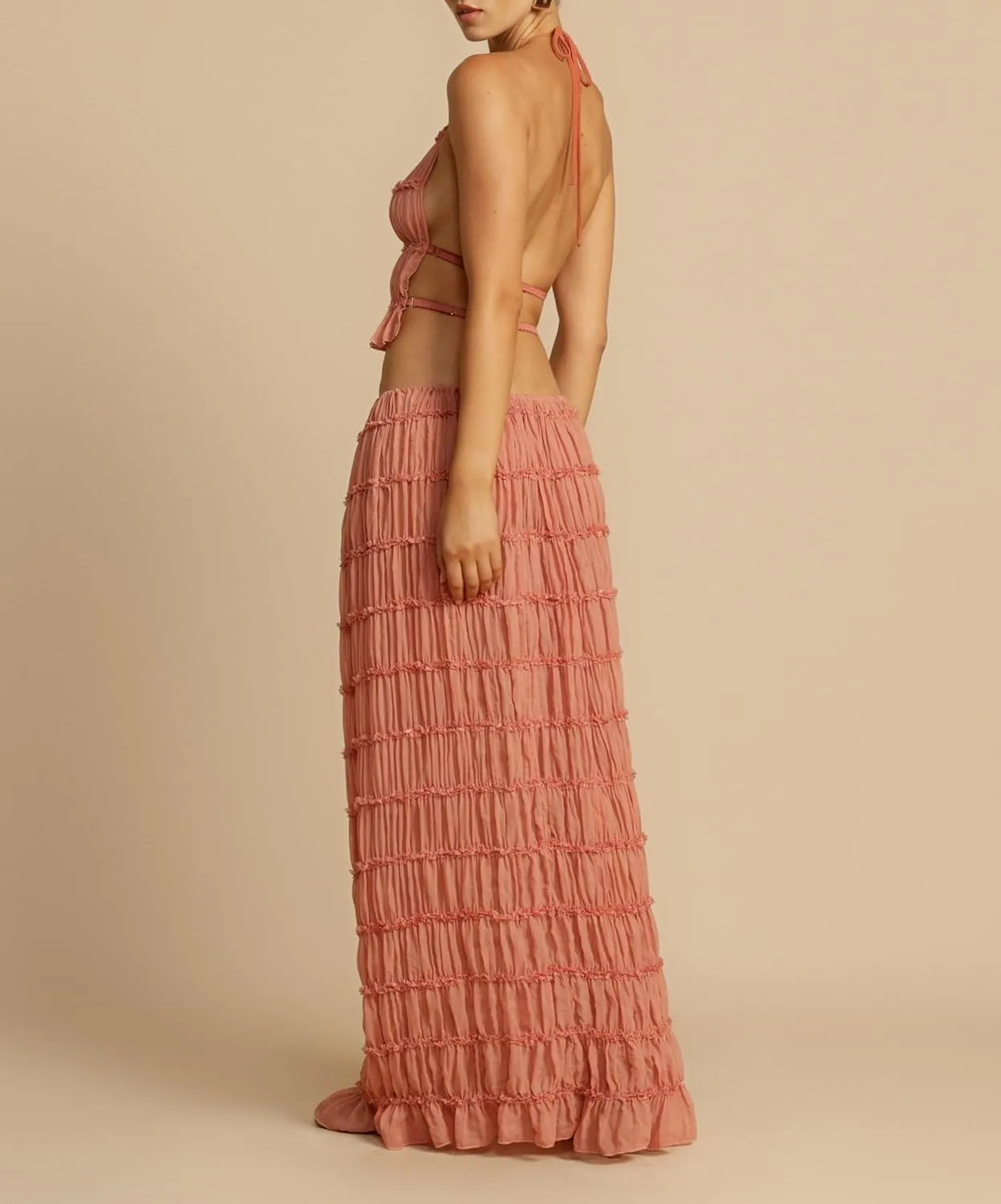 Women Y2K Maxi Skirt Set Sleeveless Halter Ruched Cami Top Flowy Long Skirt Mesh 2 Piece Outfts Beachwear