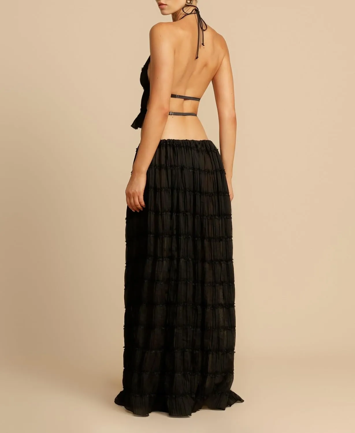Women Y2K Maxi Skirt Set Sleeveless Halter Ruched Cami Top Flowy Long Skirt Mesh 2 Piece Outfts Beachwear