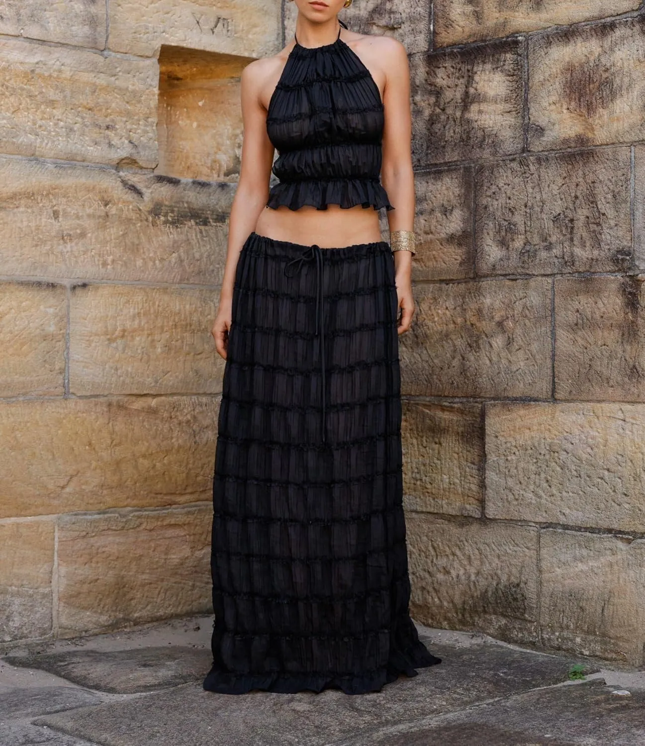 Women Y2K Maxi Skirt Set Sleeveless Halter Ruched Cami Top Flowy Long Skirt Mesh 2 Piece Outfts Beachwear