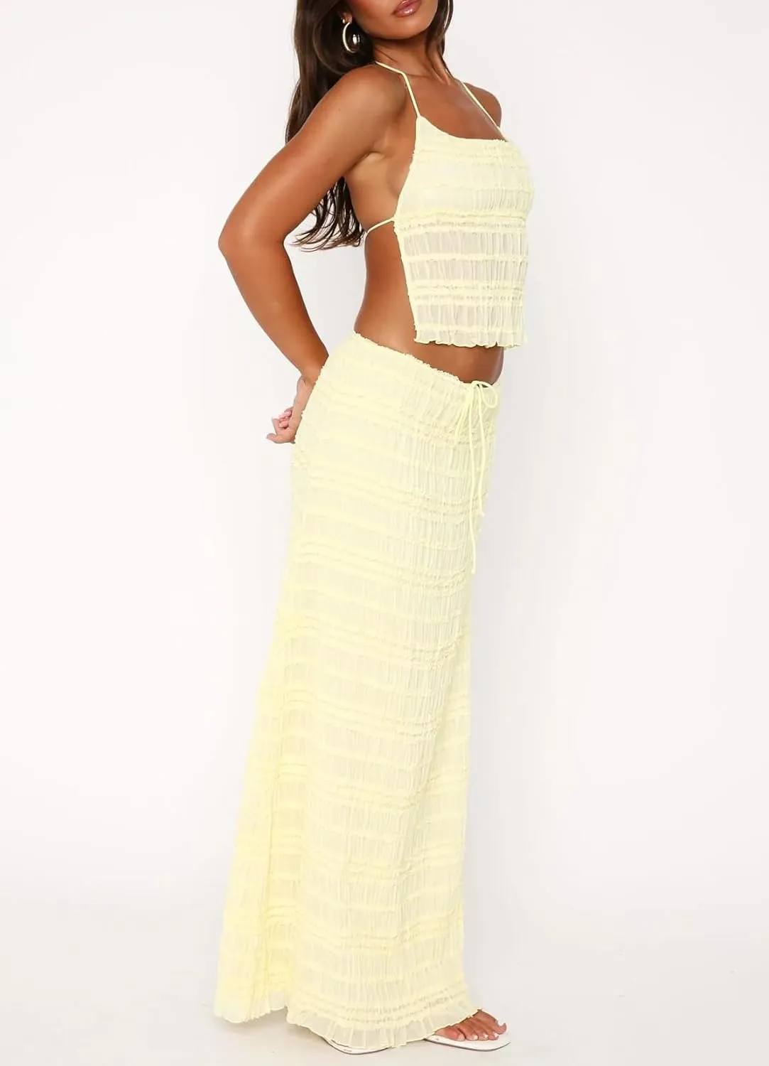Women Y2k Two Piece Maxi Skirt Set Backless Halter Tank Top and Tiered Pleated Long Skirt Set Beach Vacation Outfits