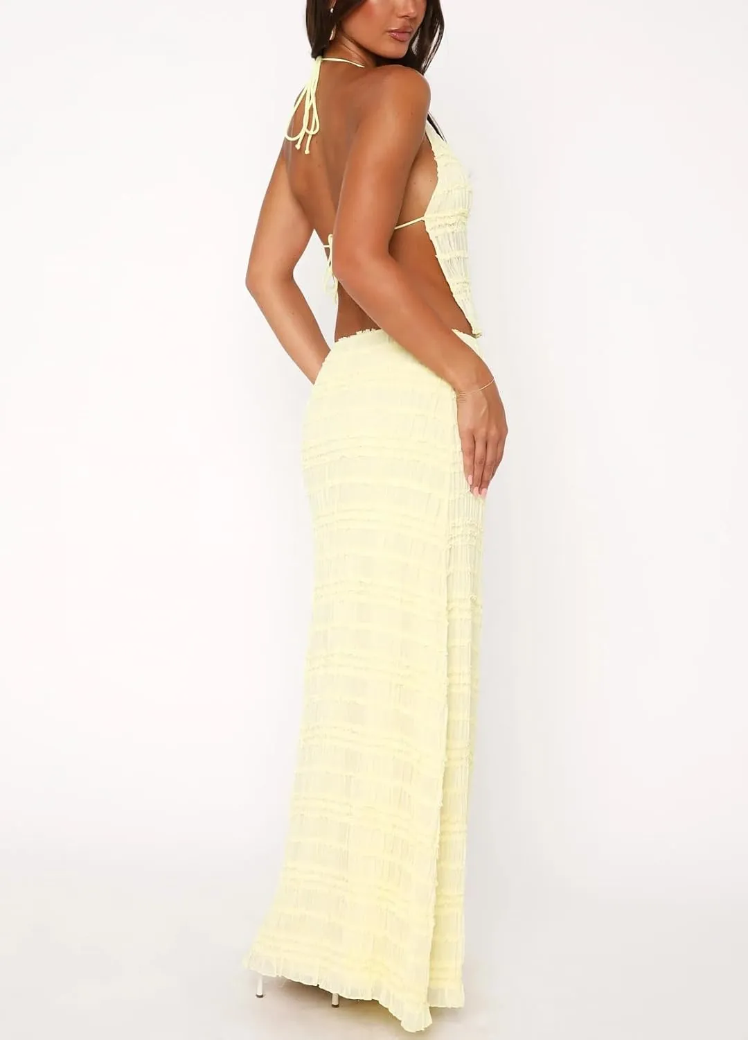 Women Y2k Two Piece Maxi Skirt Set Backless Halter Tank Top and Tiered Pleated Long Skirt Set Beach Vacation Outfits