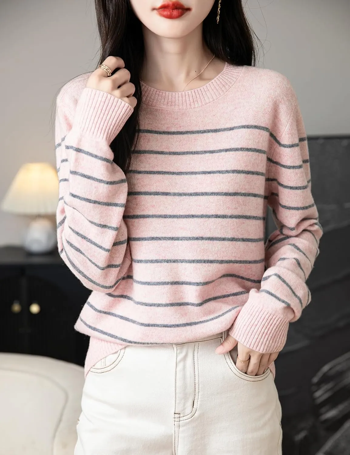 Women's 100% Merino Wool Sweater 2025 Fall Winter Crew Neck Striped Long Sleeve Warm Soft Knit Sweater