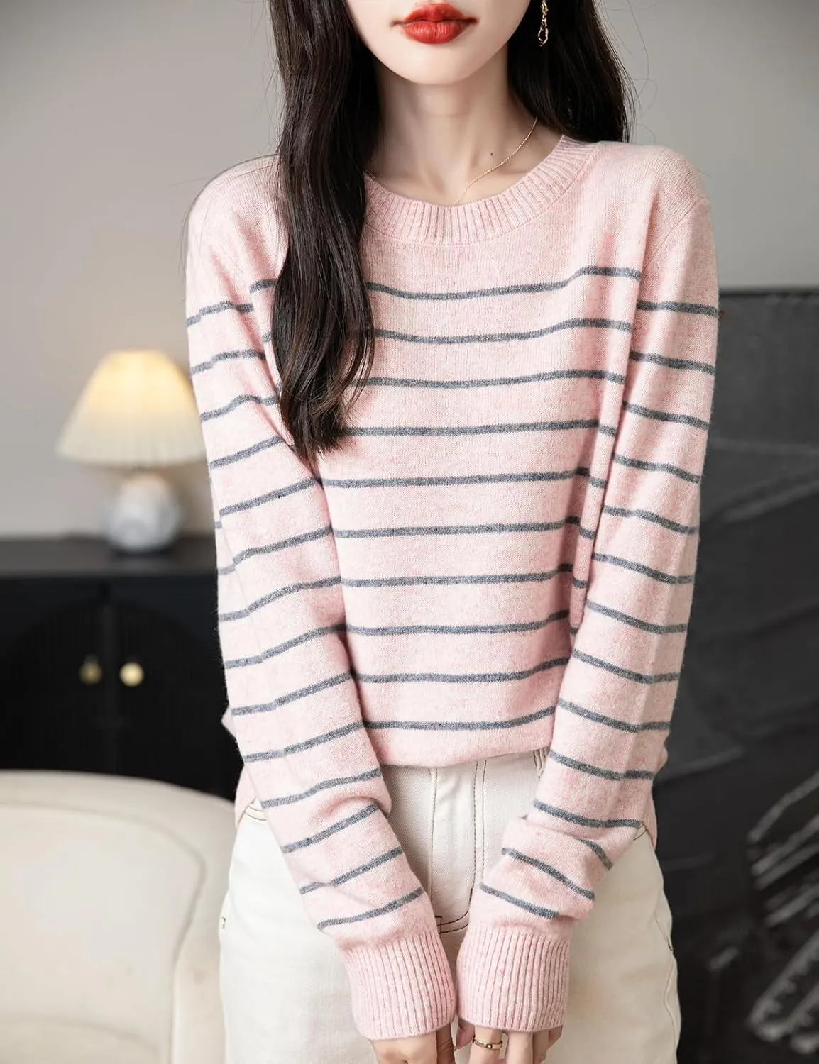 Women's 100% Merino Wool Sweater 2025 Fall Winter Crew Neck Striped Long Sleeve Warm Soft Knit Sweater