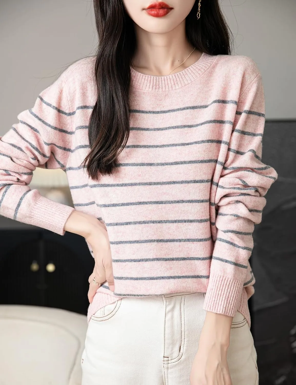 Women's 100% Merino Wool Sweater 2025 Fall Winter Crew Neck Striped Long Sleeve Warm Soft Knit Sweater