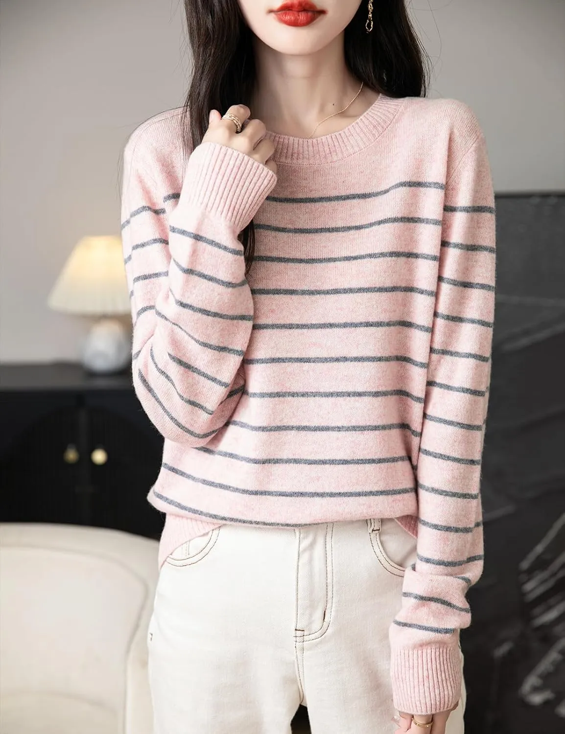 Women's 100% Merino Wool Sweater 2025 Fall Winter Crew Neck Striped Long Sleeve Warm Soft Knit Sweater